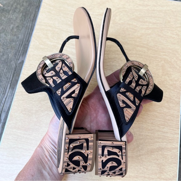 Rene Caovilla Satin Crystal & Wood Embellished Thong Sandal Heels Sz 37.5 Italy - Picture 11 of 16